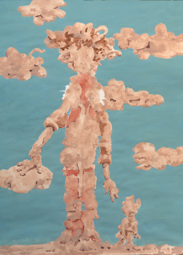 zwei Figuren stehen in Wolken