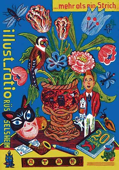 Ein farbenfrohes, detailreiches Plakat zeigt auf blauem Hintergrund Blumen, V&ouml;gel und weitere Tiere sowie eine stilisierte Figur, eine Vase und verschiedene Gegenst&auml;nde.
