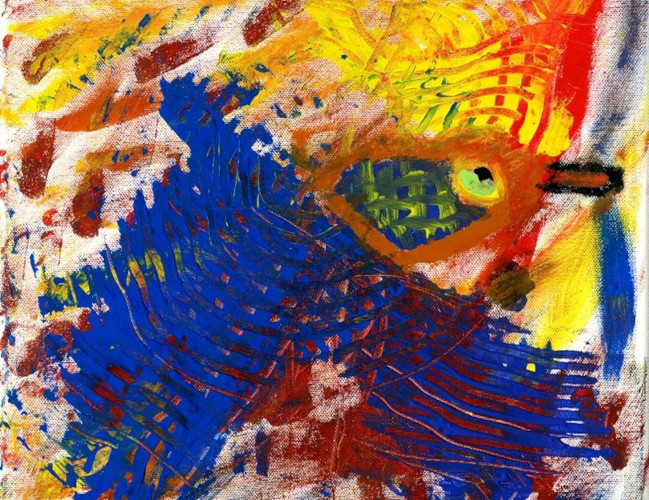 gemaltes Kunstwerk, welches einen Vogel zeigt, abstrakt