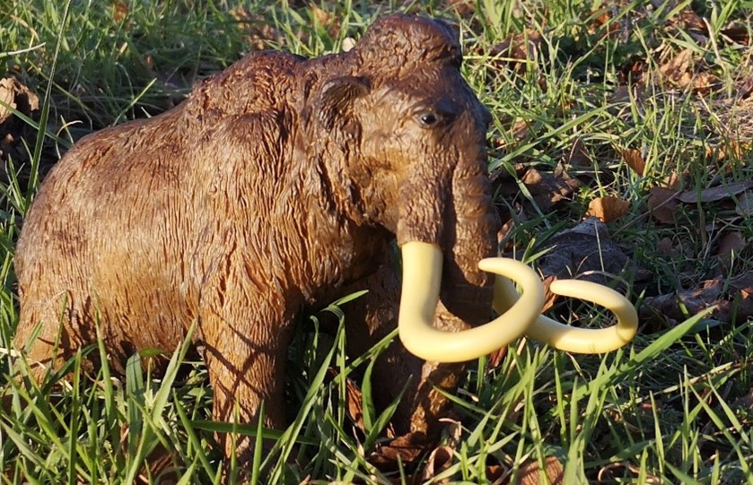 Mammut Spielfigur steht in Gras