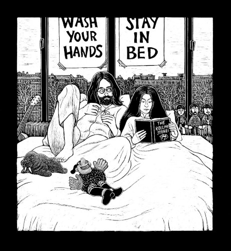 Zeichnung; ein Pärchen liegt in einem Bett, sie lesen ein Buch über die Rolling Stones; im Hintergrund eine große Fensterwand durch die eine Stadt zu sehen ist, an der Scheibe kleben zwei Plakate "wash your hands", "stay in bed"