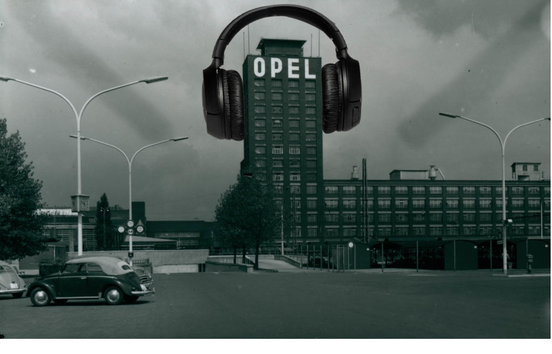 Fotomontage: Foto Opelwerk, Turm trägt einen Kopfhörer