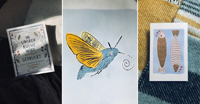 drei Fotos; links: Buch "In unserer Küche wird weiter gedruckt"; mittig: gedruckte Motte; rechts: gedruckte Fische
